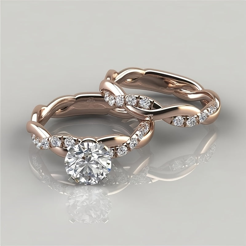 Womens Dainty KC Twist Round Cut White Synthetic Zirconia Ring Set Bridal Engagement Ring Wedding Band Anniversary Gift