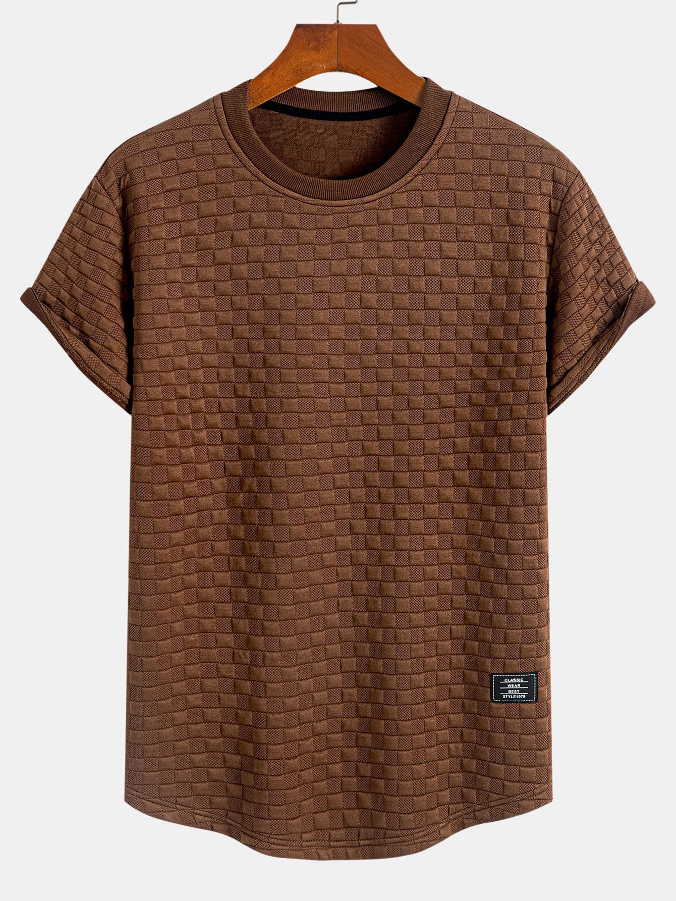 Checkerboard Jacquard T-Shirt with Arc Hem