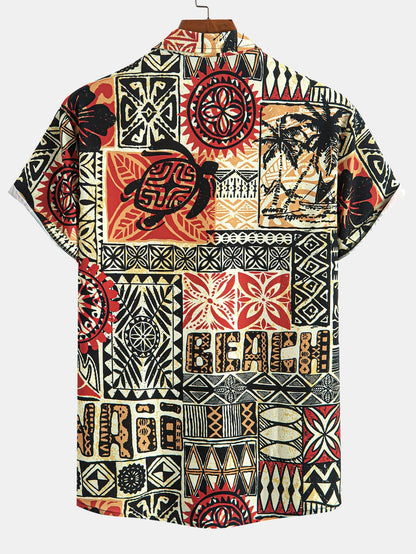 Button-Up Shirt & Swim Shorts Set with Palm Tree Turtle Ethnic Geometry Print
