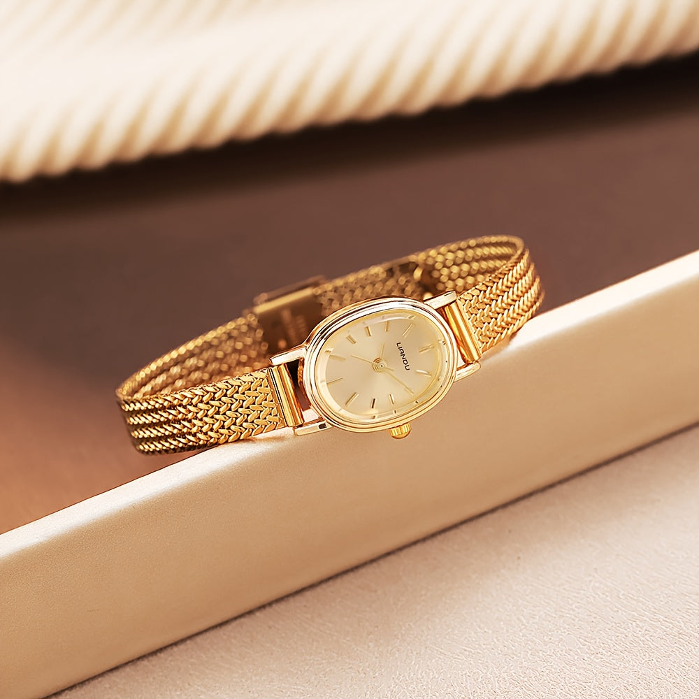 1pc Golden Woven-texture Wristwatch, Minimalist Oval Dial, Light Luxury Fashion Accessory, Elegant Commuting Gift Style