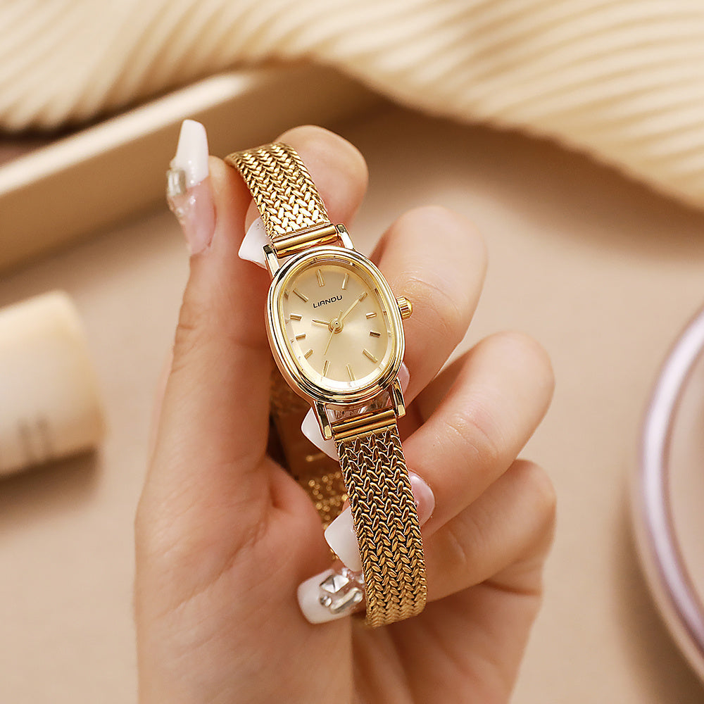 1pc Golden Woven-texture Wristwatch, Minimalist Oval Dial, Light Luxury Fashion Accessory, Elegant Commuting Gift Style
