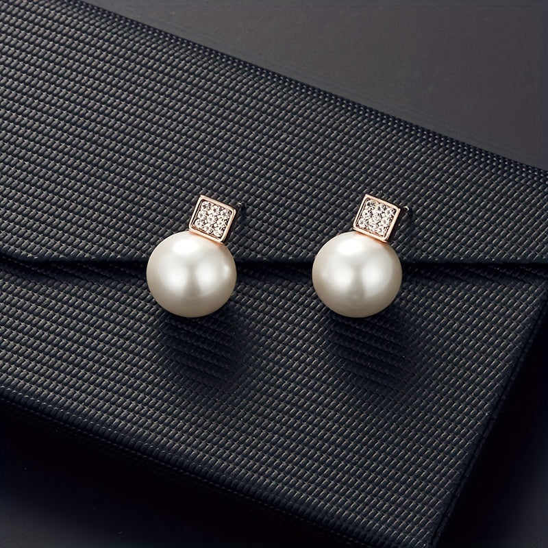 Fashionable Women'S Imitation Pearl Necklace And Earring Jewelry Set, Featuring a Simple Square Rhinestone Pendant And Stud Earrings, Perfect As a Two-Piece Accessory Gift for Birthdays, Parties, Celebrations, And Holidays, Ideal for Mothers And Girlfrien