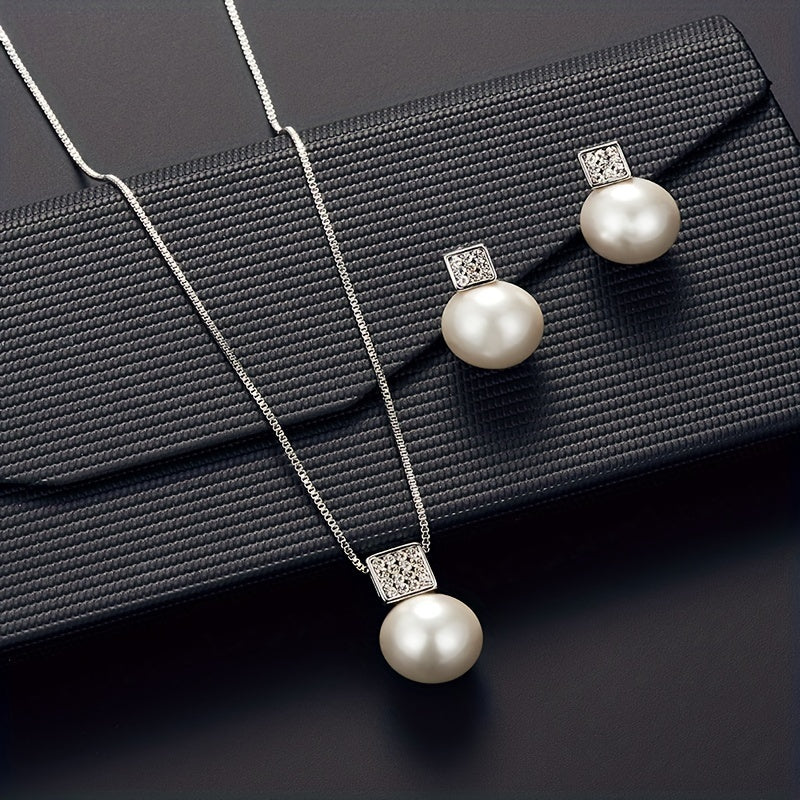 Fashionable Women'S Imitation Pearl Necklace And Earring Jewelry Set, Featuring a Simple Square Rhinestone Pendant And Stud Earrings, Perfect As a Two-Piece Accessory Gift for Birthdays, Parties, Celebrations, And Holidays, Ideal for Mothers And Girlfrien