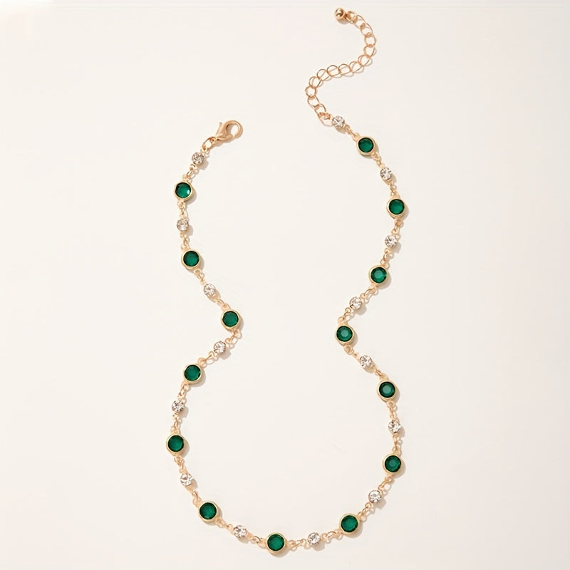 Nova Colar Curto Vintage Único com Diamantes e Pedra Sintética Verde Estilo Europeu e Americano para Mulheres