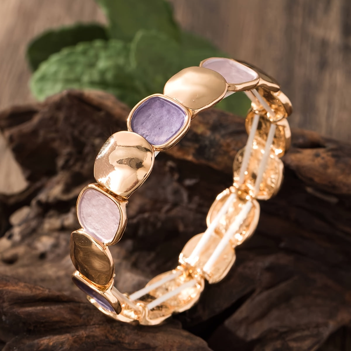 1pc Vintage Style Elegant Zinc Alloy Plated Kc Golden Elastic Bracelet Bracelet Irregular Square Unisex Bracelet