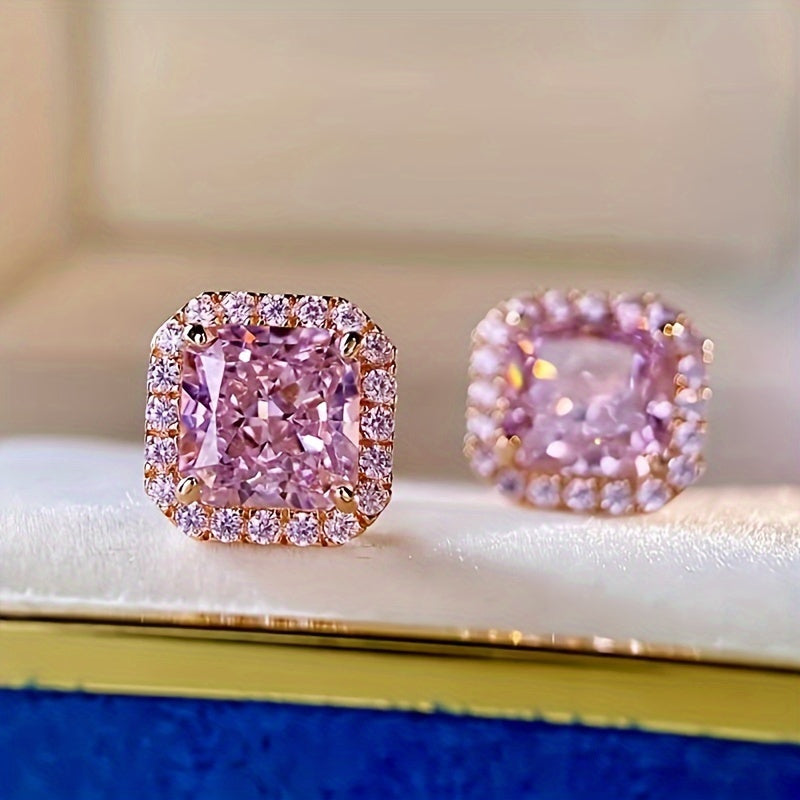 Luxurious Pink Synthetic Zirconia Stud Earrings for Women's Wedding Engagement Party Daily Wear Elegant Earrings (without Box)