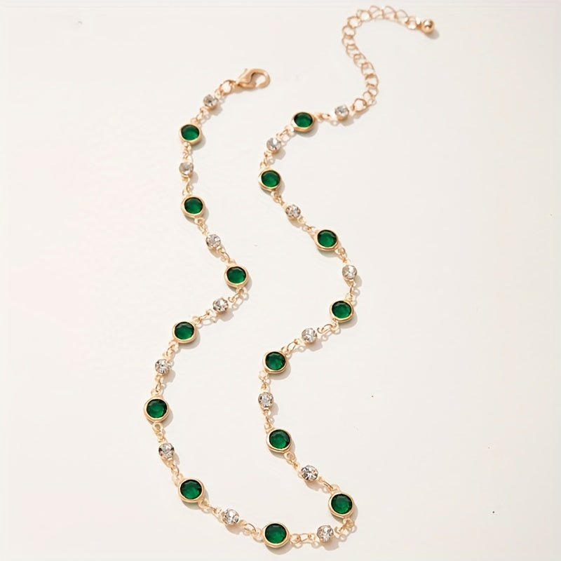 Nova Colar Curto Vintage Único com Diamantes e Pedra Sintética Verde Estilo Europeu e Americano para Mulheres