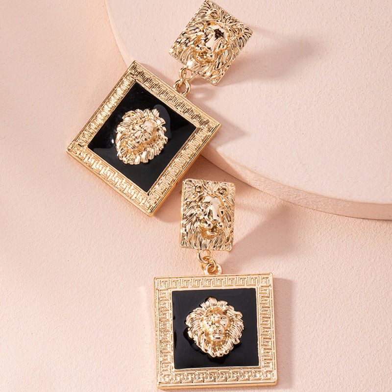 Gold Square Lioness Vintage Drop Earrings