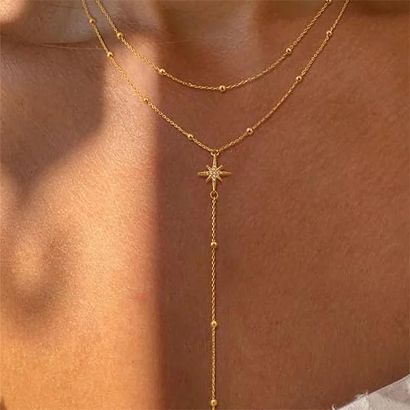 Vintage Gold Color Double Layered Necklaces for Women Delicate Crystal Metal Long Tassel Beads Chain Choker Party Jewelry Gifts
