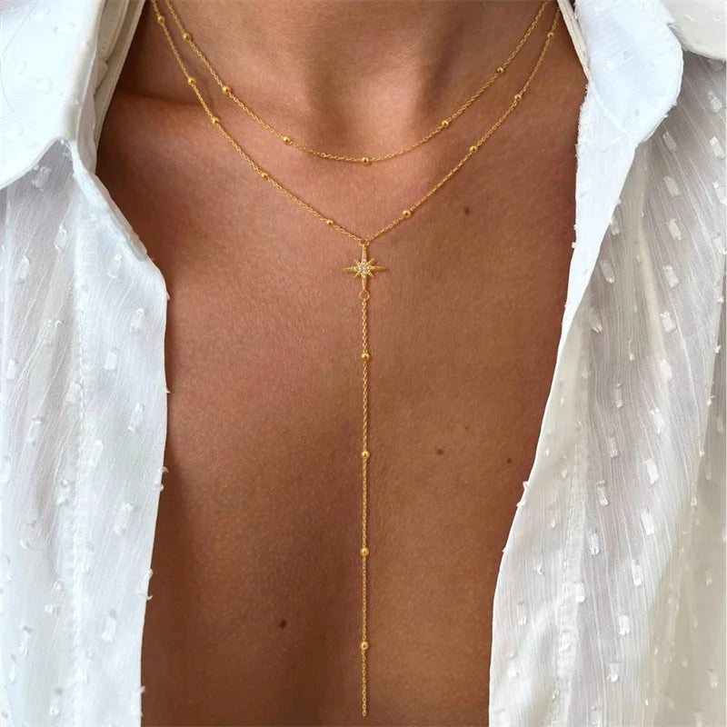 Vintage Gold Color Double Layered Necklaces for Women Delicate Crystal Metal Long Tassel Beads Chain Choker Party Jewelry Gifts