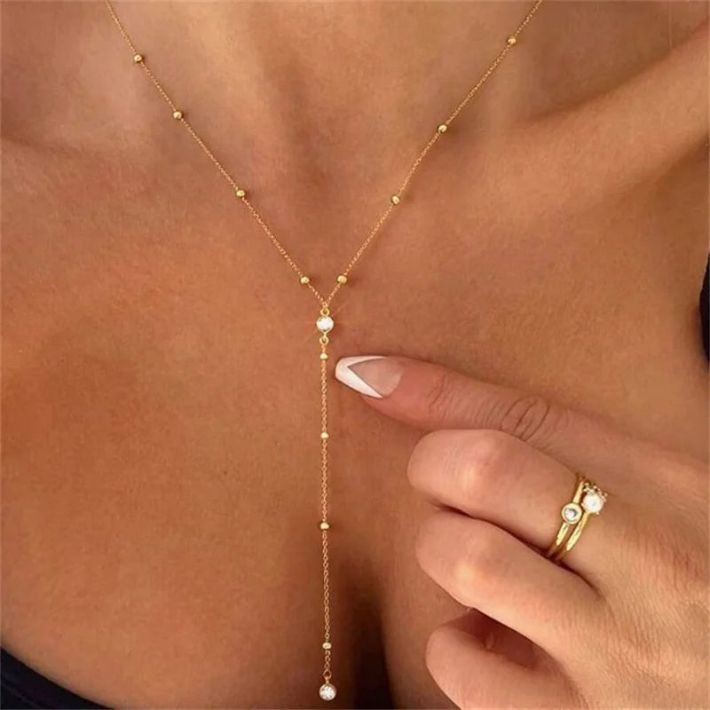 Vintage Gold Color Double Layered Necklaces for Women Delicate Crystal Metal Long Tassel Beads Chain Choker Party Jewelry Gifts