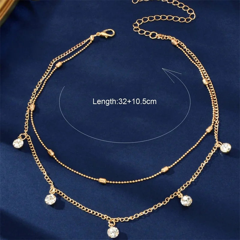 Vintage Gold Color Double Layered Necklaces for Women Delicate Crystal Metal Long Tassel Beads Chain Choker Party Jewelry Gifts