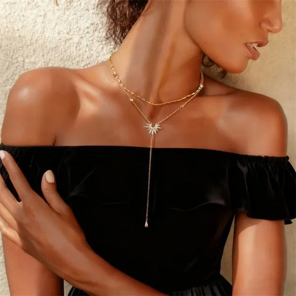 Vintage Gold Color Double Layered Necklaces for Women Delicate Crystal Metal Long Tassel Beads Chain Choker Party Jewelry Gifts