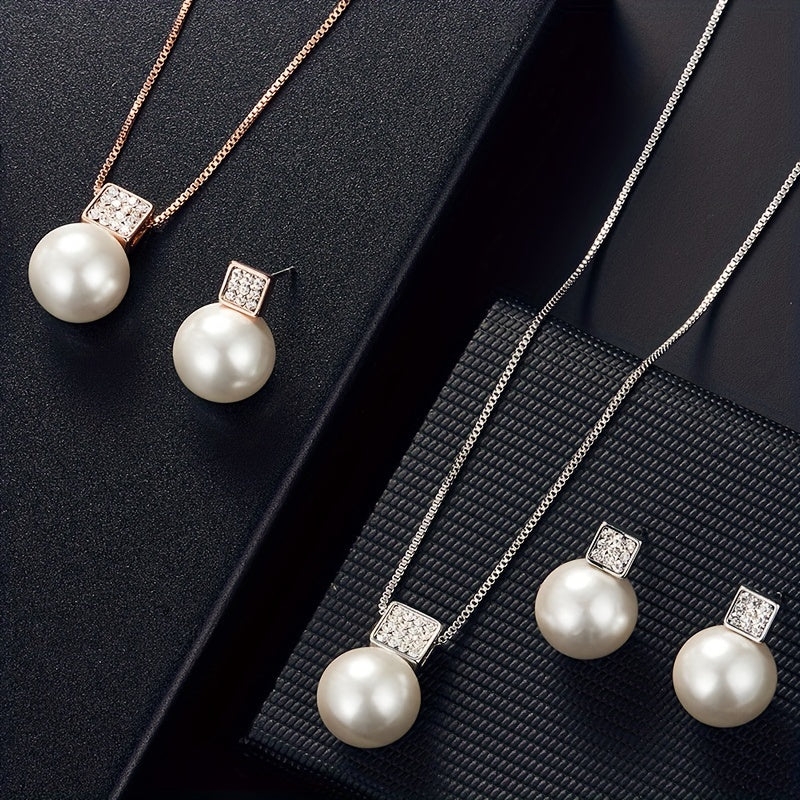Fashionable Women'S Imitation Pearl Necklace And Earring Jewelry Set, Featuring a Simple Square Rhinestone Pendant And Stud Earrings, Perfect As a Two-Piece Accessory Gift for Birthdays, Parties, Celebrations, And Holidays, Ideal for Mothers And Girlfrien