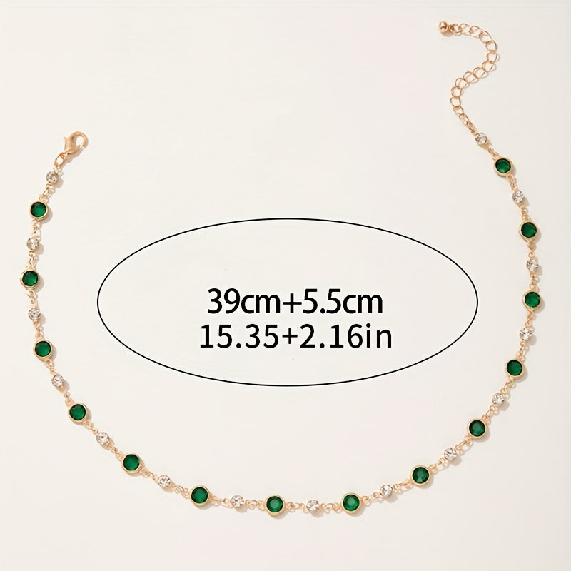 Nova Colar Curto Vintage Único com Diamantes e Pedra Sintética Verde Estilo Europeu e Americano para Mulheres