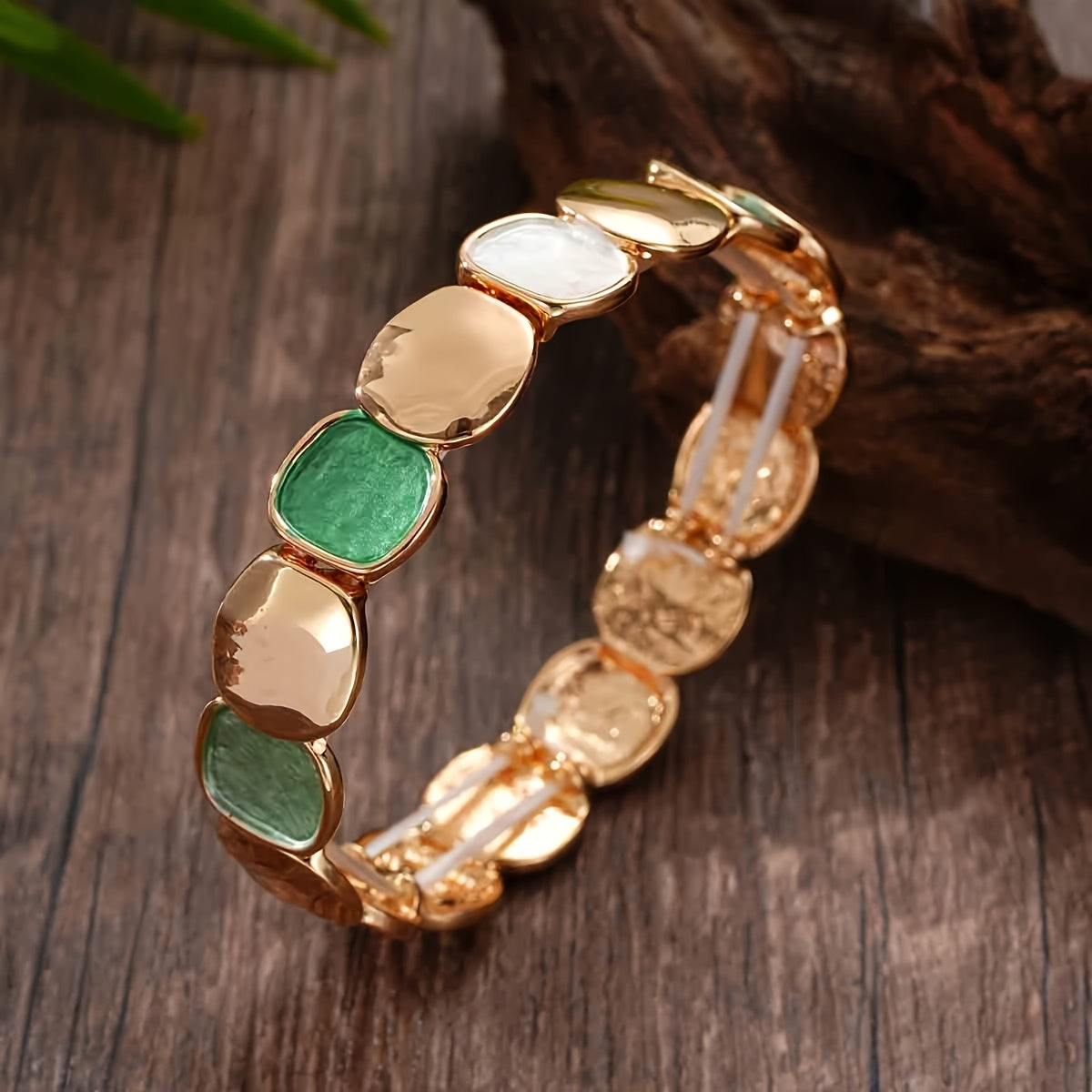 1pc Vintage Style Elegant Zinc Alloy Plated Kc Golden Elastic Bracelet Bracelet Irregular Square Unisex Bracelet