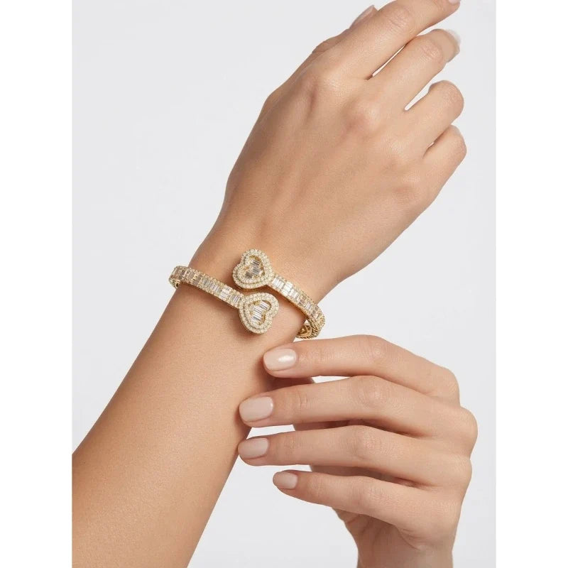 Bracelets for Women – Amora Crystal Heart Bangle worn on wrist, gold heart cuff bracelet