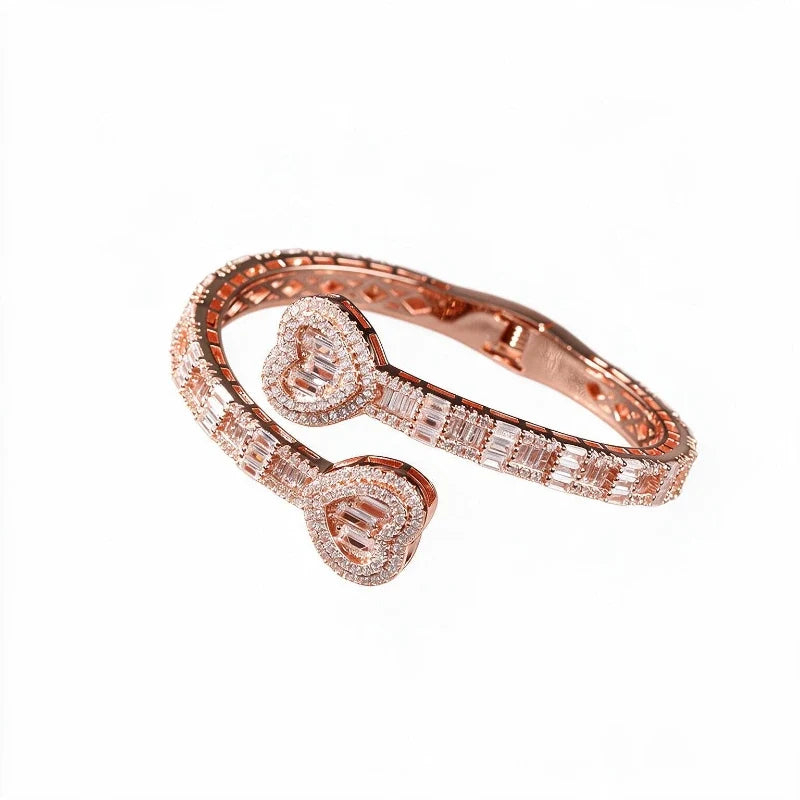 Bracelets for Women – Amora Crystal Heart Bangle, rose gold pavé heart cuff, white background
