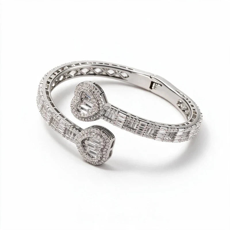 Bracelets for Women – Amora Crystal Heart Bangle, sterling silver pavé heart cuff, white background