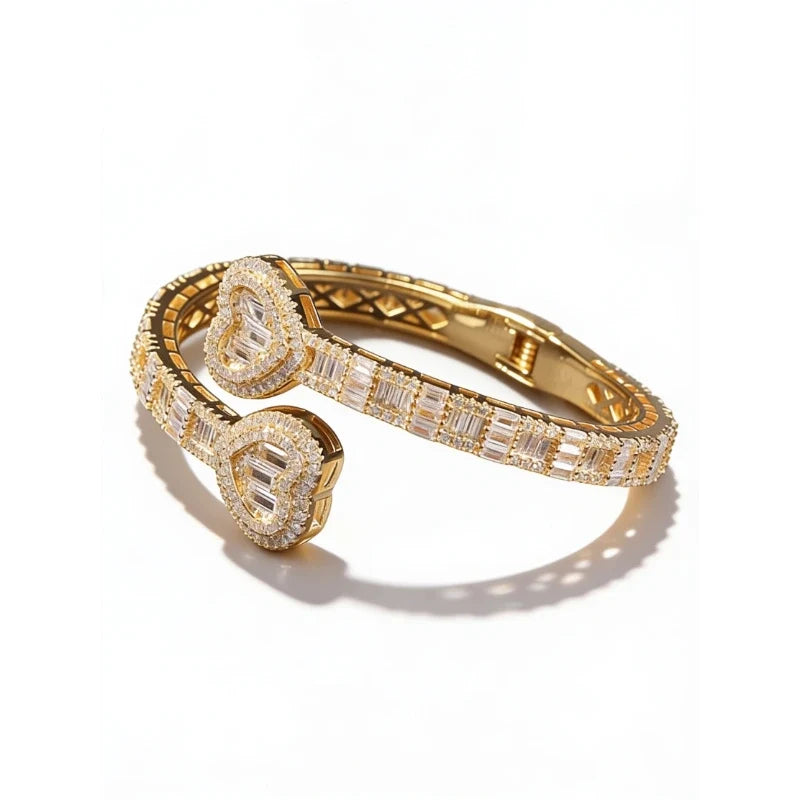 Bracelets for Women – Amora Crystal Heart Bangle, gold pavé heart cuff bracelet, white background