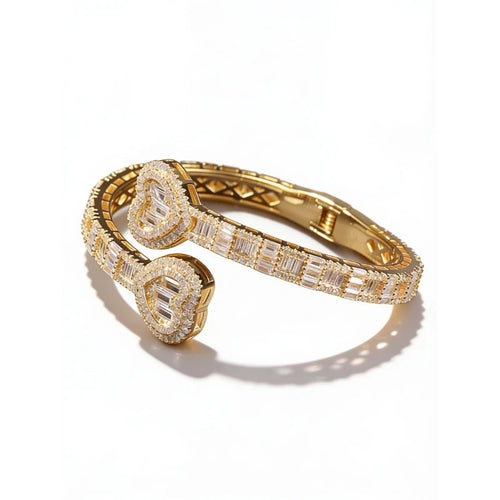 Bracelets for Women – Amora Crystal Heart Bangle, gold pavé heart cuff bracelet, white background