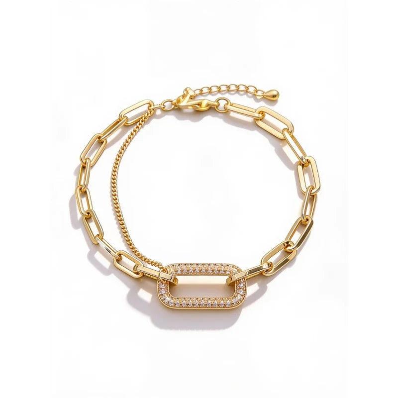 Bracelets for Women – Virella Geometric Gold Bracelet, 18k gold-plated paperclip chain with pavé rectangle link