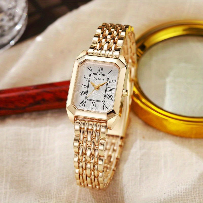 Fashion Classic Women'S Square Quartz Watch, Hypoallergenic Metal, Golden Case Roman Numeral Small Square Watch