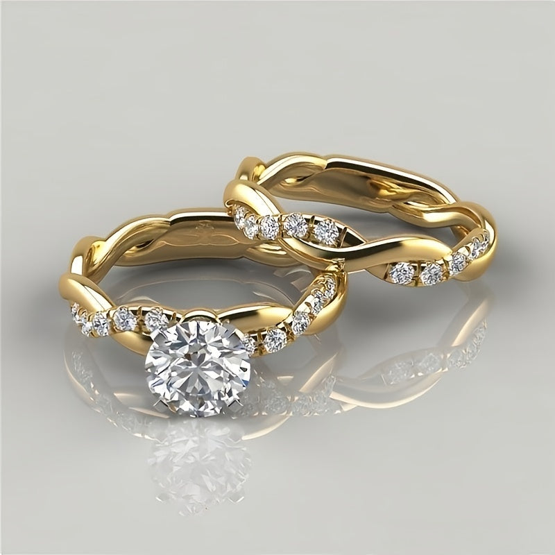 Womens Dainty KC Twist Round Cut White Synthetic Zirconia Ring Set Bridal Engagement Ring Wedding Band Anniversary Gift