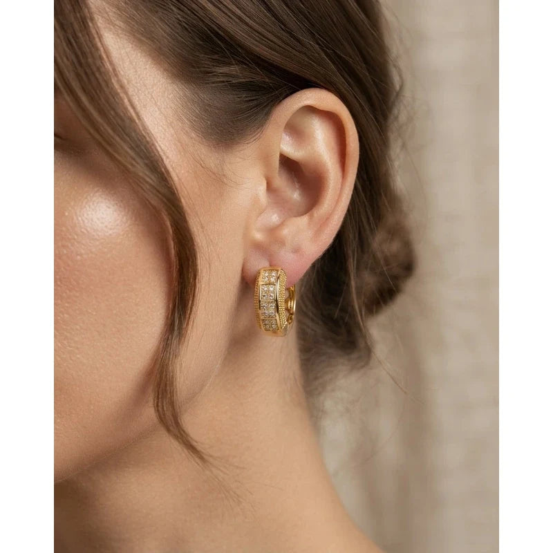 Corinne Crystal Hoops worn on ear