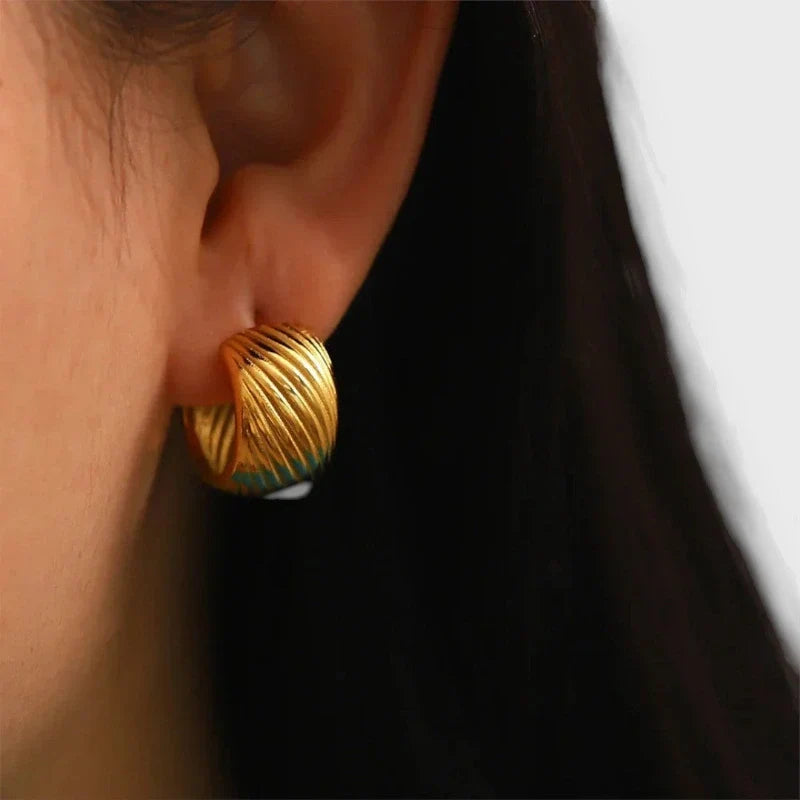 Emy Vintage Textured Hoop Earrings worn on ear