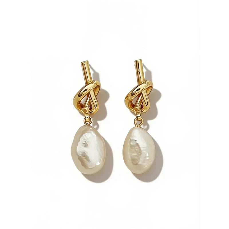 Earrings for Women – Isolde Baroque Pearl Earrings, gold knot with baroque pearl drop