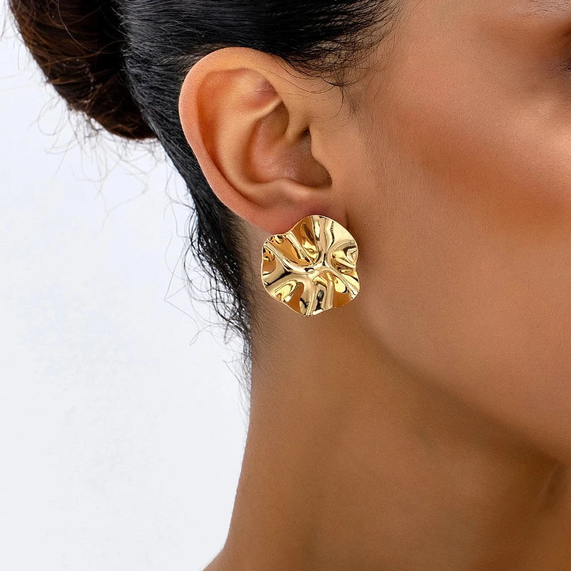 Luna Irregular Round Stud Earrings worn on ear – Gold