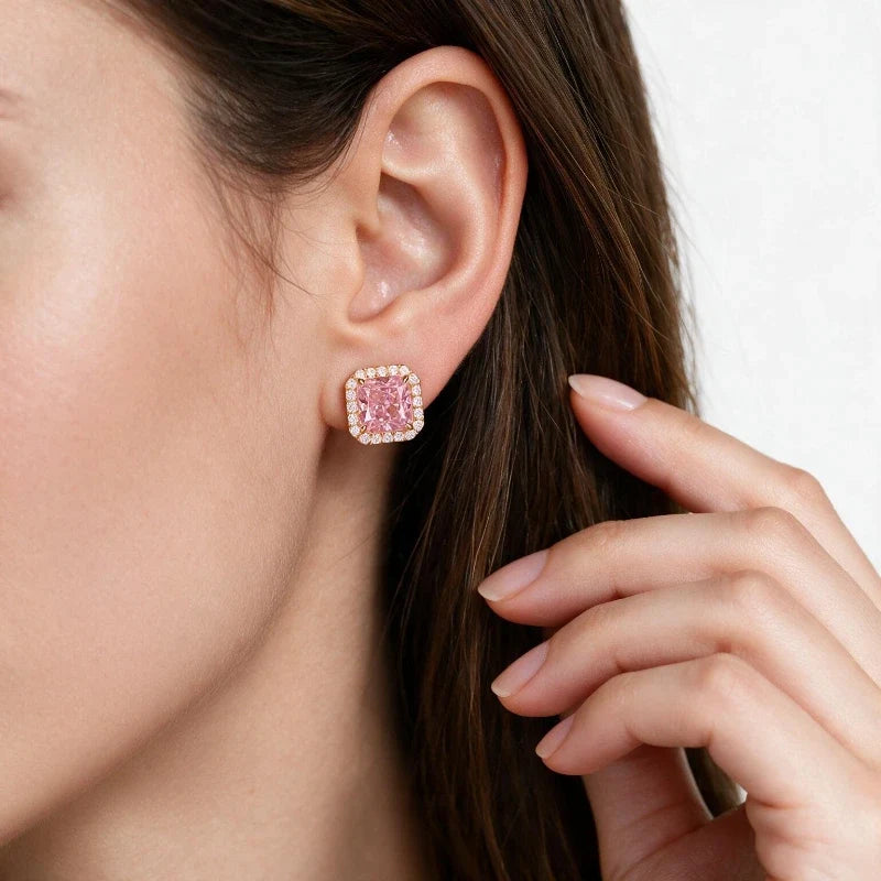 Woman wearing Earrings for Women – Rosalie Pink Crystal Stud Earrings, close-up on white background