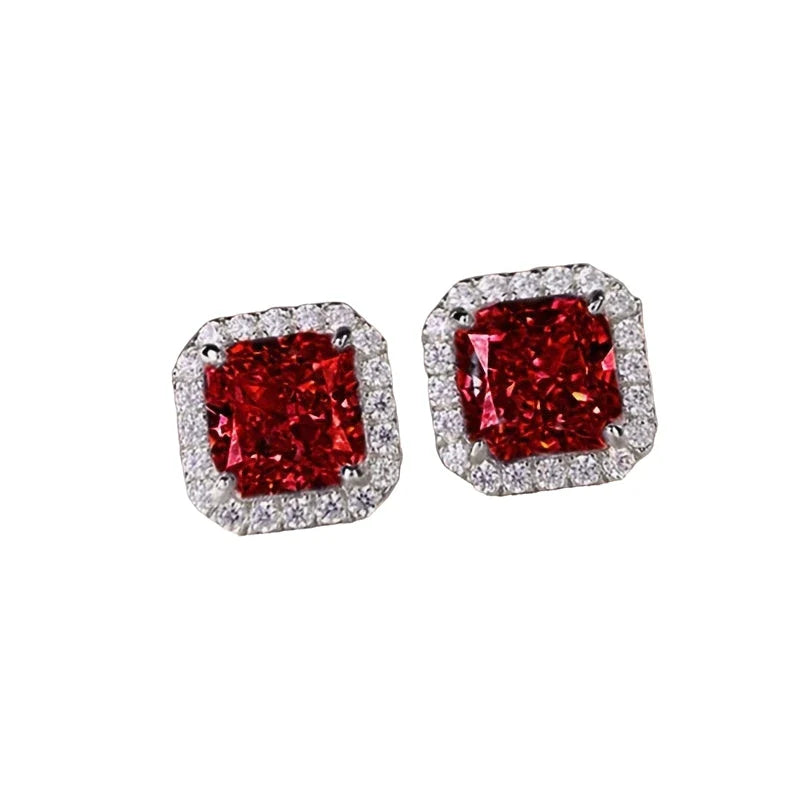 Earrings for Women – Rosalie Pink Crystal Stud Earrings, Red cushion-cut crystal halo studs
