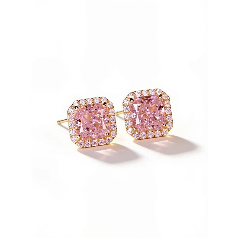 Earrings for Women – Rosalie Pink Crystal Stud Earrings, Pink cushion-cut crystal halo studs