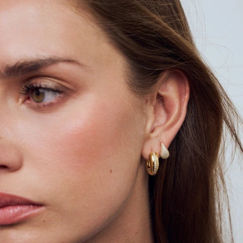 Earrings for Women – Selene Pavé Drops worn by a model, gold
