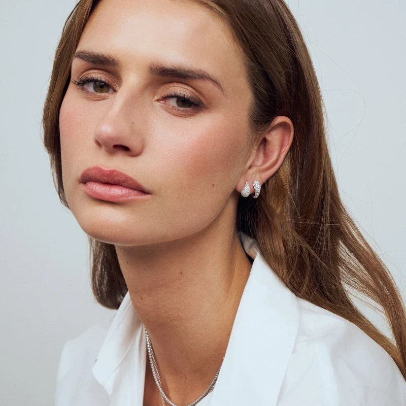 Earrings for Women – Selene Pavé Drops worn by a model, silver