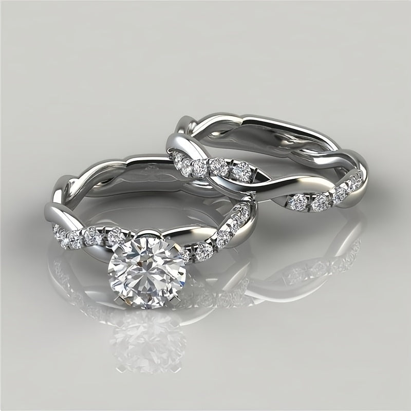 Womens Dainty KC Twist Round Cut White Synthetic Zirconia Ring Set Bridal Engagement Ring Wedding Band Anniversary Gift