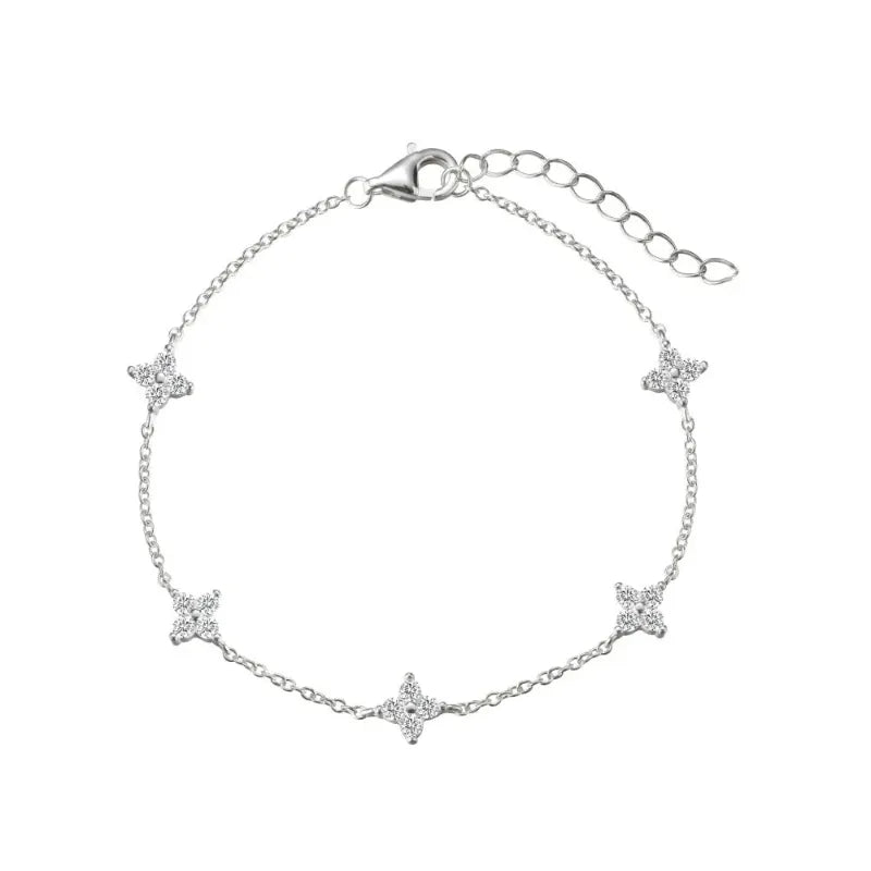 Fiora Crystal Blossom Bracelet in silver with crystal floral charms, on white background