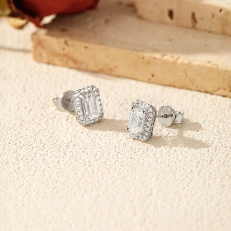 Elysia emerald halo stud earrings detail