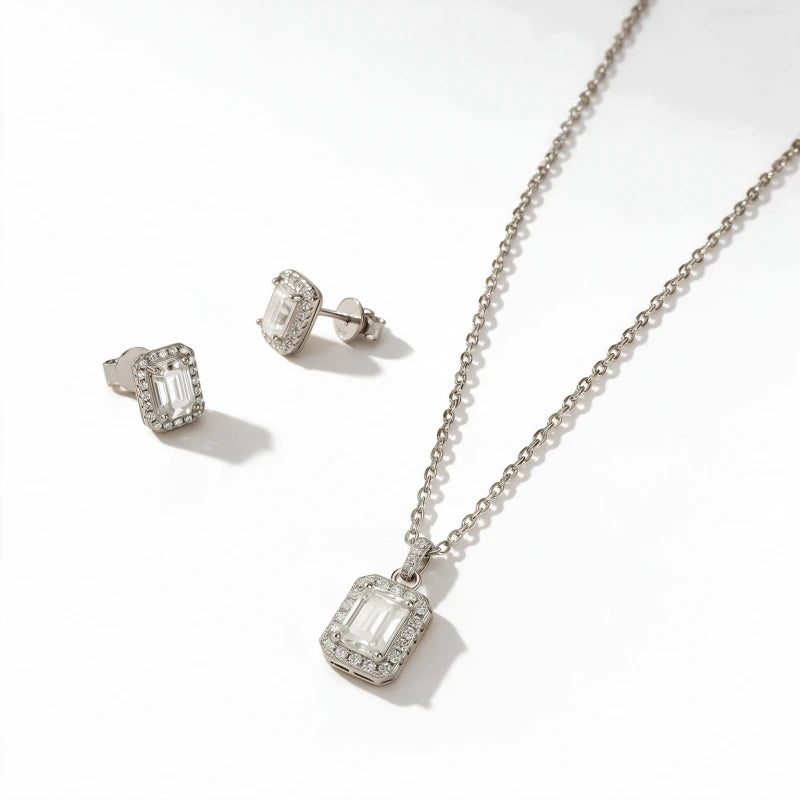 Elysia emerald halo necklace and earring set in 925 sterling silver