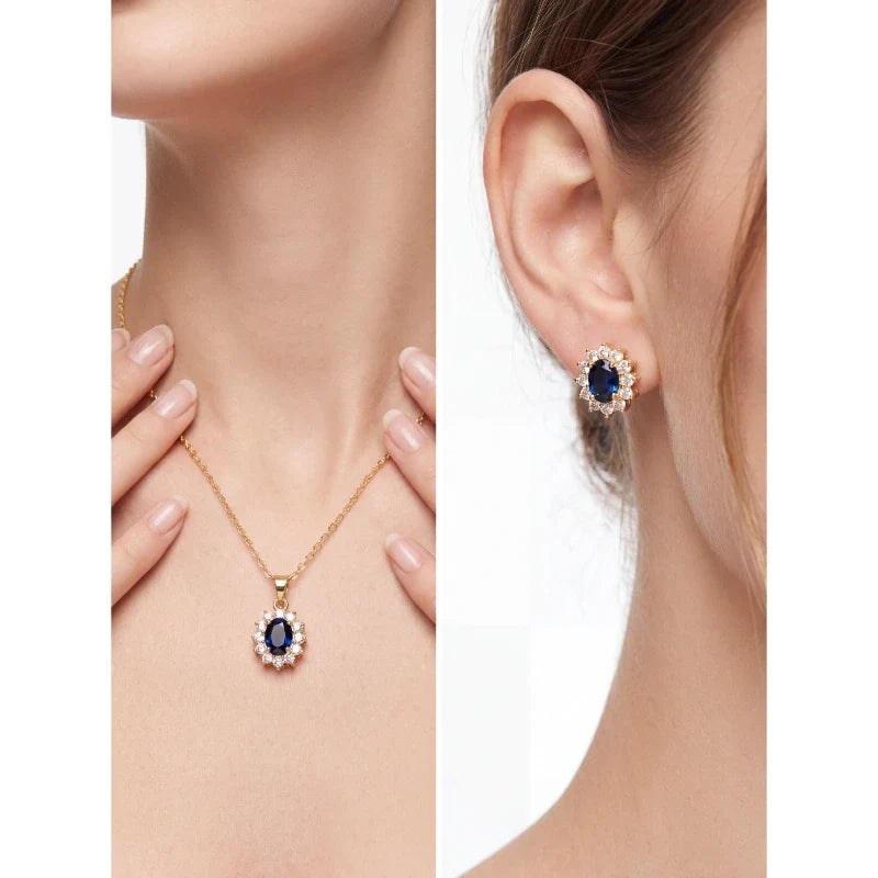 Model wearing Serenity sapphire earrings and necklace together