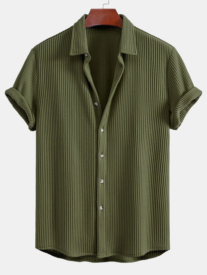 Waffle Knit Button-Up Shirt & Drawstring Waffle Shorts Set