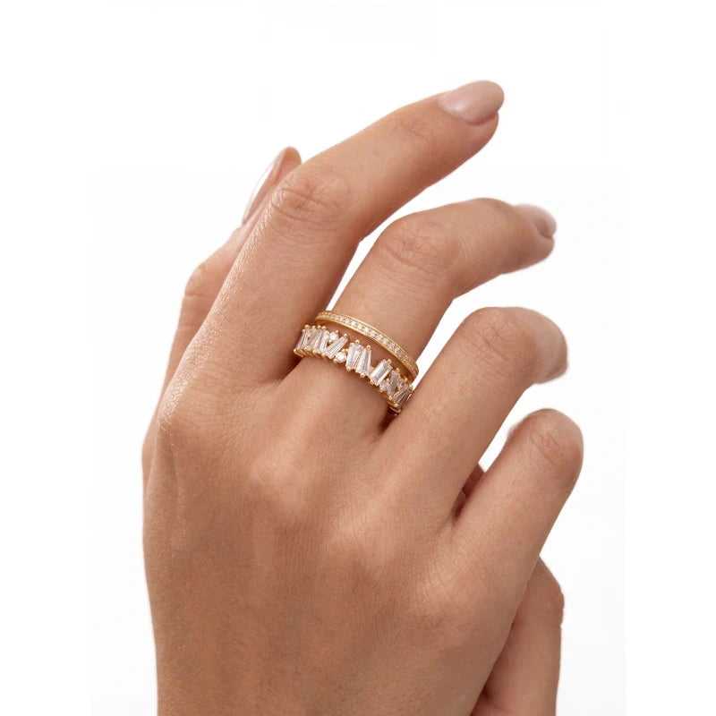 Women's Rings – Elira Double Layer Zircon Ring worn on finger, lifestyle image, white background