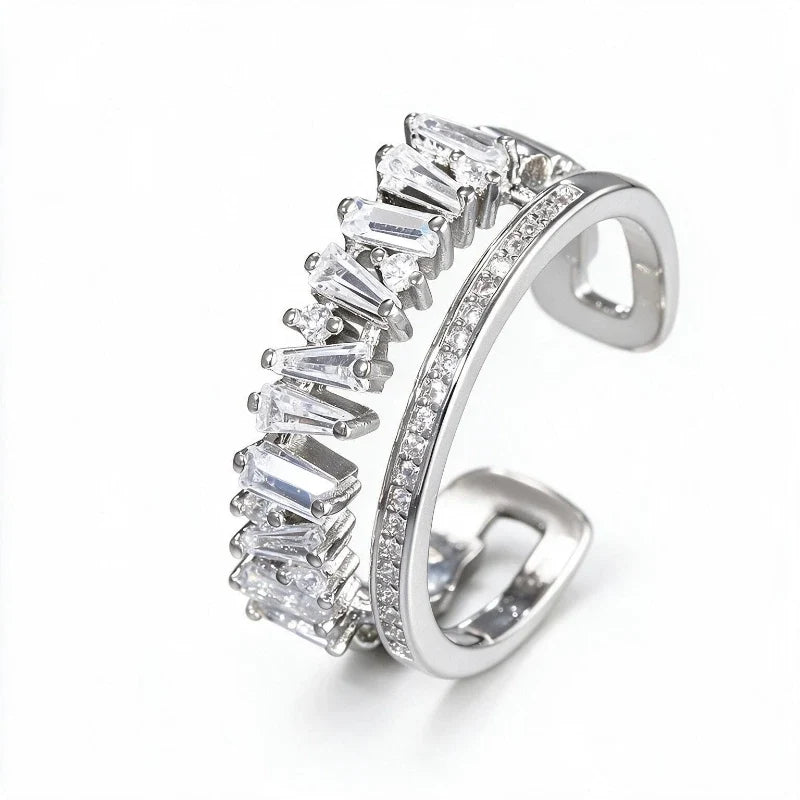 Women's Rings – Elira Double Layer Zircon Ring, silver finish, white background