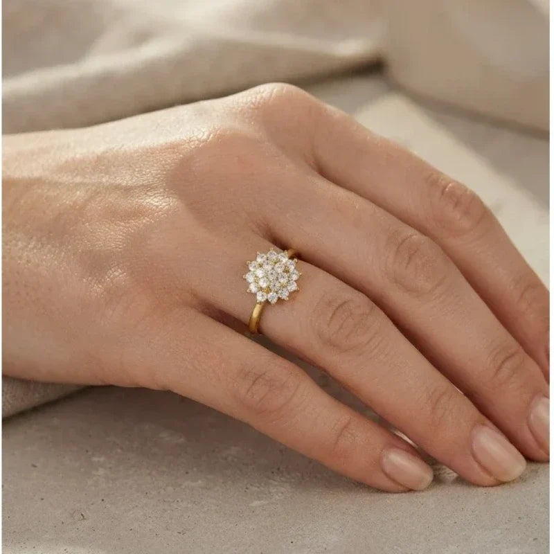 Women's Rings – Marisol Flower Cluster Ring, gold finish, worn on hand, lifestyle image